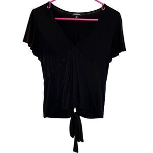 Express V Neck Ruffle Short Sleeve Shirt Black Size Medium